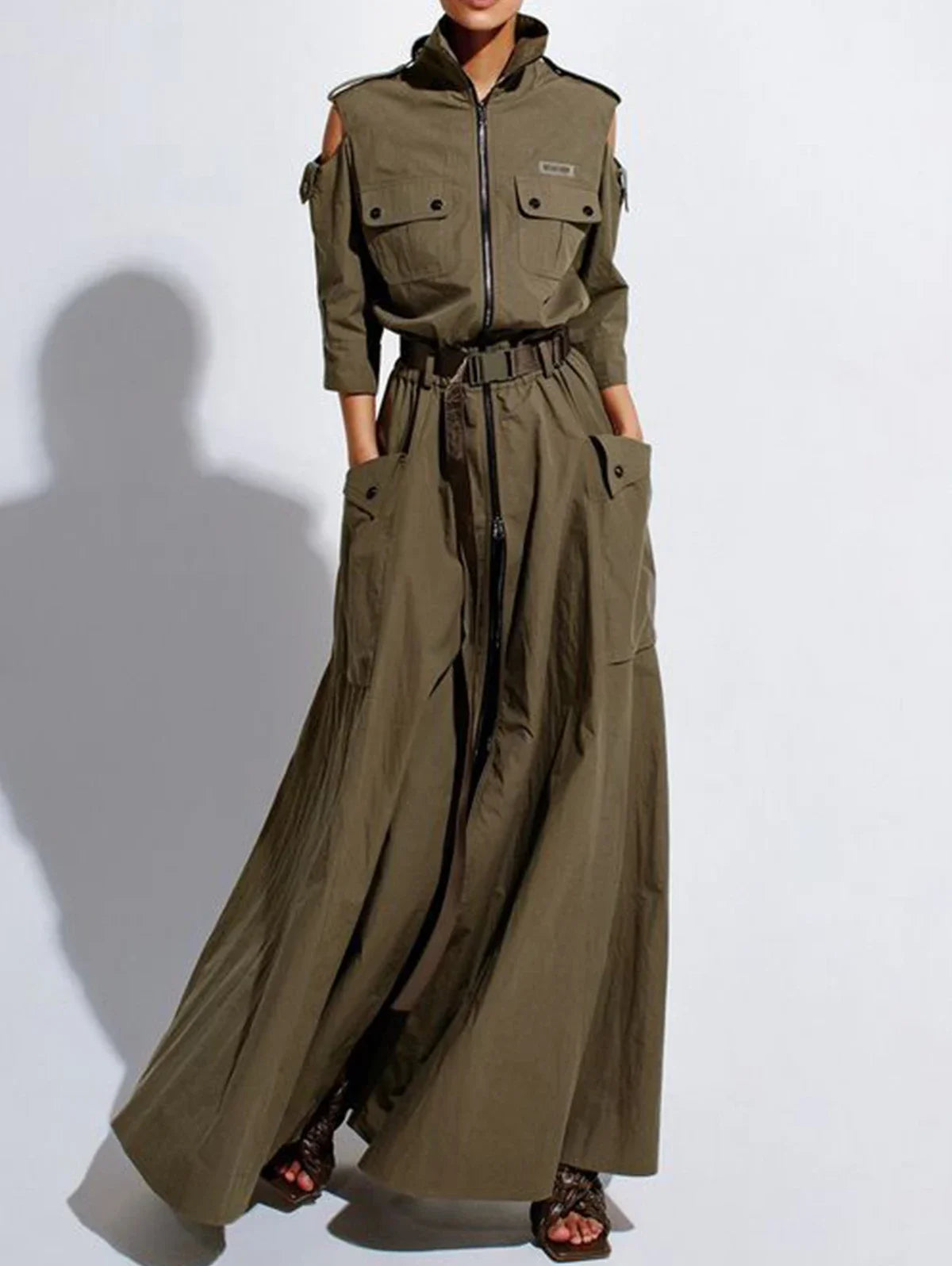 Army Green Dress - 3/4 Sleeves